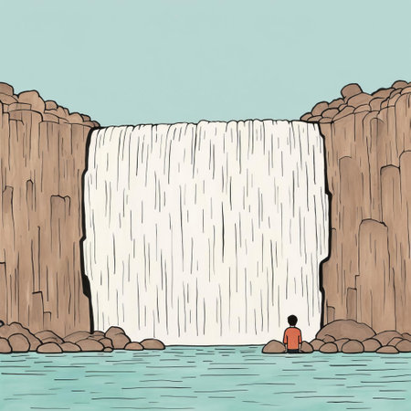 a surreal illustration capturing a serene waterfall scene with a person joyfully smiling on it. this artwork showcases a unique blend of quiet contemplation and comic elements, reminiscent of national geographic photos. the bold outlines and flat colors add a touch of simplicity, while the inclusion of grit and grain enhances the overall aesthetic. the indian scenes influence is evident in this simplistic yet captivatingの素材