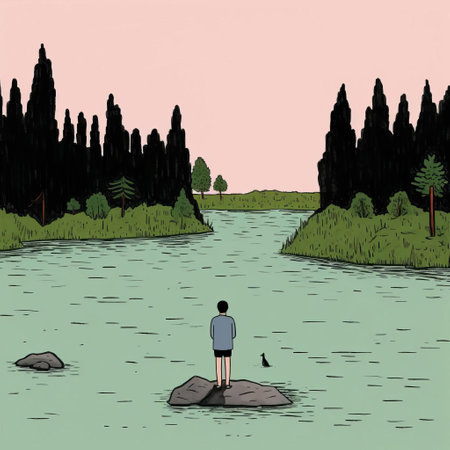 a man, in the style of graphic novel inspired illustrations, watches a bird in the water. the tranquil landscape features light green and black tones, creating a unique and quirky cartoonish atmosphere. the forestpunk theme adds an emotional touch to the editorial cartooning. ai generatedの素材