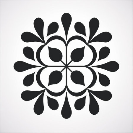 a simple flower with black leaves is showcased on a white background in this photo. the design features geometric symmetry and incorporates elements such as water drops, screen printing, rounded forms, and byzantine-style iconography. the playful use of negative space adds visual interest, while the dark gray and dark black colors create a striking contrast. ai generatedの素材