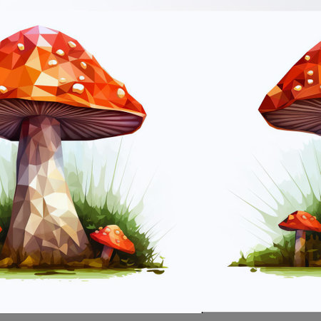a mushroom with vibrant colors and intricate geometric patterns grows from the ground, surrounded by twisting vines. this whimsical and cartoon-like illustration features a combination of light red and dark orange hues. the isolated figures and mushroomcore style add character to the scene, reminiscent of architectural illustrations and characterful animal portraits. ai generatedの素材