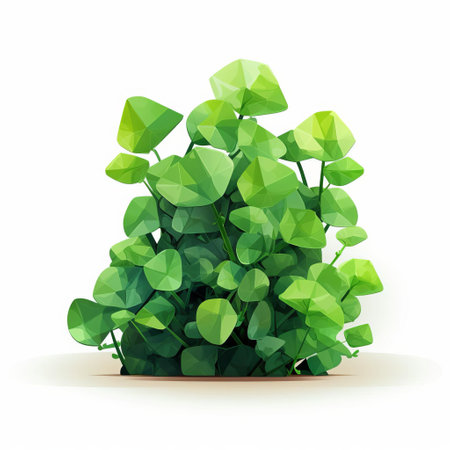 a green plant with leaves is showcased against a white background in a unique cubist style. the multifaceted angles create a low poly effect, while the use of natural materials adds a touch of organic beauty. the rounded shape of the plant adds to its visual appeal. this crisp graphic design merges elements of nanopunk, resulting in a visually striking composition. ai generatedの素材