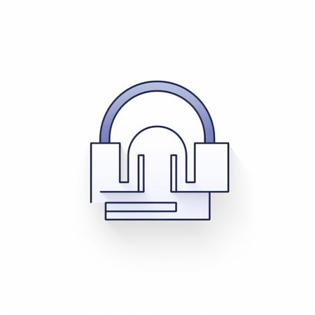 an audiobook icon, designed in the style of haroon mirza, is depicted as a line icon in light purple and navy colors. the icon showcases arched doorways and emphasizes joints and connections. captured using a sony fe 12-24mm f/2.8 gm lens, this icon represents interactive experiences. a clamp is also featured in the image. ai generatedの素材