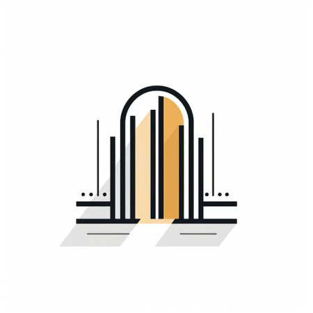 a flat logo of a modern style building, featuring a cityscape abstraction with thin steel forms. the logo is designed in a light black and gold color scheme, with arched doorways and an emphasis on line and form. against a white background, the logo incorporates light white and light orange elements. ai generatedの素材