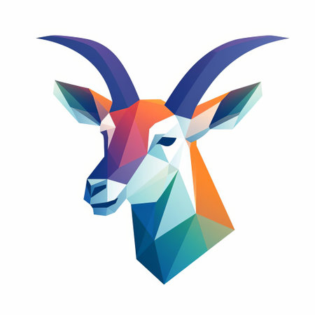 a black and white geometric antelope logo, featuring vibrant color gradients, bright colors, and bold shapes. the logo showcases a simplified and stylized portrait of an antelope, with a low poly and precisionist design approach. the use of dark azure and amber adds depth and contrast to the overall composition. ai generatedの素材