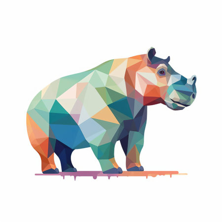 a stock illustration of a rhino animal in a polygonal vector style. the illustration features a colorful palette and playful character design, inspired by graphic design. the artwork has a psychedelic touch and is set against a white background with flat shading, with a strong emphasis on the character design. ai generatedの素材