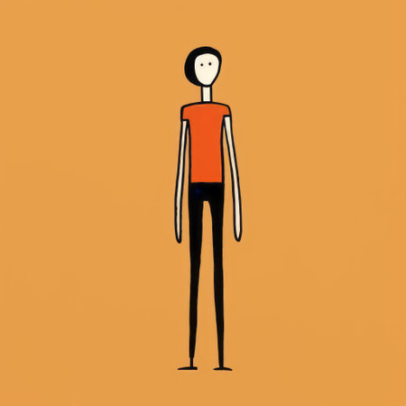 a cartoon person wearing an orange shirt stands against a minimalist orange background. the style of the artwork is conceptual minimalism, featuring elongated and slender figures. the drawings are minimalist, using black and white colors. ai generatedの素材
