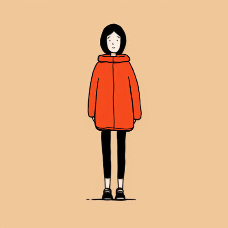 a girl wearing an orange scarf is depicted in an ink and fabric illustration. the minimalist background adds to the cold and detached atmosphere of the artwork. this hand-drawn animation captures the essence of life-size figures in beijing's east village. the color palette consists of light beige and red, reflecting a normcore aesthetic. ai generatedの素材