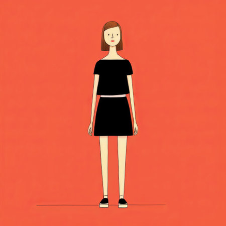 a girl stands on a pink background, wearing shoes, in a simplistic vector art style. the dark orange and black color scheme adds depth to the stop-motion animation. this character study captures the essence of the 1970s to the present, with crisp and clean lines highlighting the isolated figure. ai generatedの素材