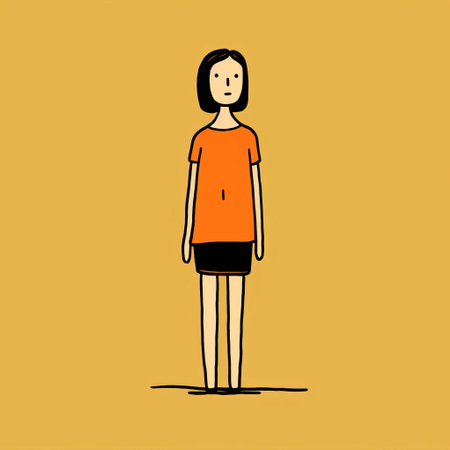an orange cartoon woman stands upright on a yellow background, showcasing the style of japanese minimalism. the image resembles minimalistic black and white sketches, reminiscent of colorful animation stills. the influence of marjane satrapi's work is evident in the cartoonish characters. the overall composition is characterized by a sparse use of color, resembling a child's drawing. ai generatedの素材