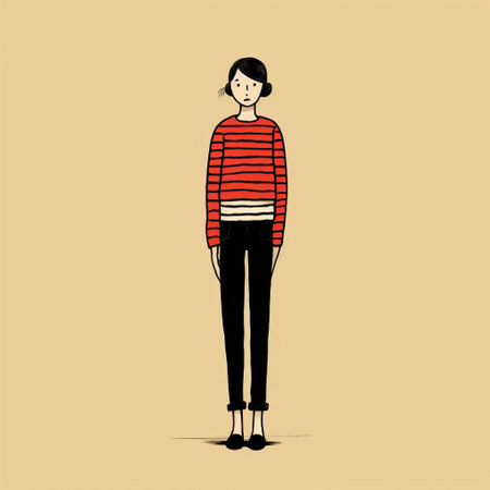 a red and black illustrated woman wearing a sweater stands in a nostalgic minimalistic style. the horizontal stripes on her sweater add to the minimalist aesthetic. this comic/cartoon-inspired artwork draws inspiration from artists like kim jung gi and henry scott tuke, creating a romantic and captivating illustration. ai generatedの素材