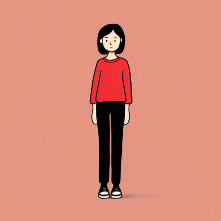 cartoon young woman standing in the style of emiliano ponzi. this free image download (dfb1 aa9vr034s) showcases a light red and black color scheme. the artwork captures everyday life and features emotive portraiture. the multi-layered figures and cartoon mis-en-scene add depth to the illustration. gene luen yang's influence can be seen in the composition. ai generatedの素材