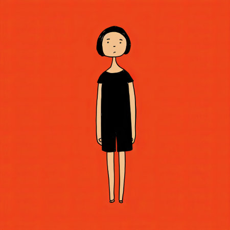 a cartoon portrait of a woman wearing a black and orange shirt, created in the style of conceptual minimalism. the artwork features childlike figures and draws inspiration from japanese minimalism and marjane satrapi's work. the image has a low resolution, showcasing human forms in a sparse and simple manner. ai generatedの素材