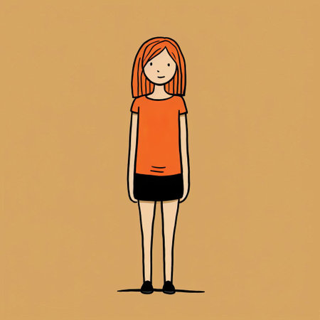 a woman wearing an orange shirt and black pencil skirt is depicted in a simplistic cartoon style illustration. the artwork is reminiscent of the cartoony characters created by jean jullien. the color palette consists of light brown and dark beige tones, with a matte background. the overall effect is cute and colorful, resembling the aesthetic of a konica big mini camera. ai generatedの素材
