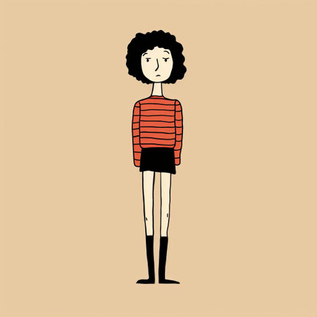 an illustration of a genderless old lady wearing a red dress, reminiscent of jean jullien's style. the lady stands out with horizontal stripes on her dress, showcasing a poodlepunk aesthetic. the color palette consists of dark brown and beige, adding a touch of nostalgic minimalism. the charming anime-like characters add an extra layer of appeal to the artwork. ai generatedの素材