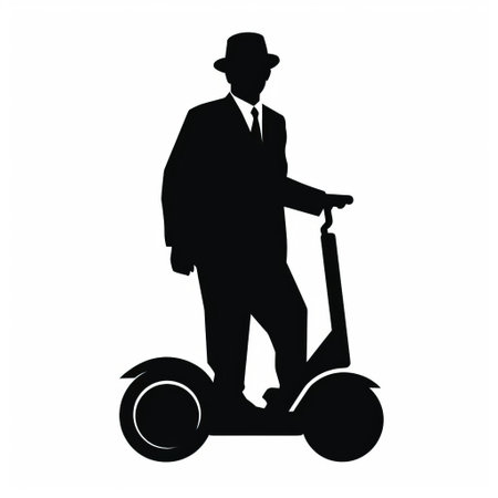 a silhouette of a man riding a scooter, inspired by the secessionist style, captures the essence of wealthy portraiture and radical inventions. this unique character on a scooter embodies the innovative spirit of individuals like warren buffet and ron arad, who have made significant contributions to technological design. ai generatedの素材