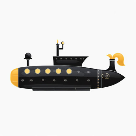 a black and yellow submarine is depicted in this flat illustration by emily edwards. the artwork showcases realistic lighting and incorporates decorative elements, minimalistic metal sculptures, and xbox 360 graphics. the design also draws inspiration from baroque maritime and mysterious space themes, resulting in a highly detailed composition. ai generatedの素材