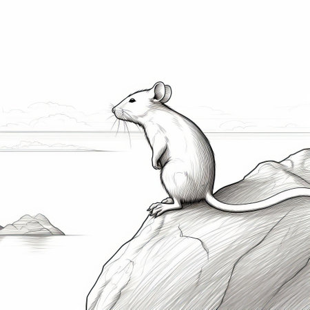 a cute dog and mouse are depicted in a detailed drawing, standing on a rock and gazing at the water. the artwork showcases a unique style of ambient occlusion and scientific illustration, with high-contrast shading. the intricate background captures the essence of northern china's terrain. this captivating image was captured using a minolta riva mini camera and can be found on flickr. ai generatedの素材