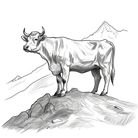 an illustration of a cow standing proudly on a majestic mountain peak. this detailed sketching, created by michael cho, captures the animal's intensity and the balanced proportions of its form. the use of the zeiss milvus 25mm f14 ze lens adds depth and clarity to the image. this artwork by li shuxing is reminiscent of the fauvism precursor movement. ai generatedの素材
