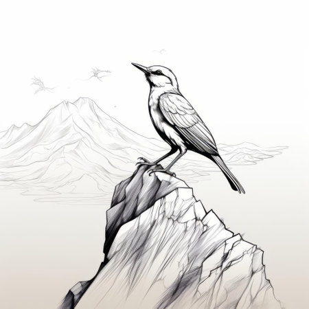 a black and white digital illustration of a bird perched on a rock amidst mountainous vistas. the drawing showcases realistic usage of light and color, with clean and sharp inking. the background features a dark beige and sky-blue color palette. ai generatedの素材