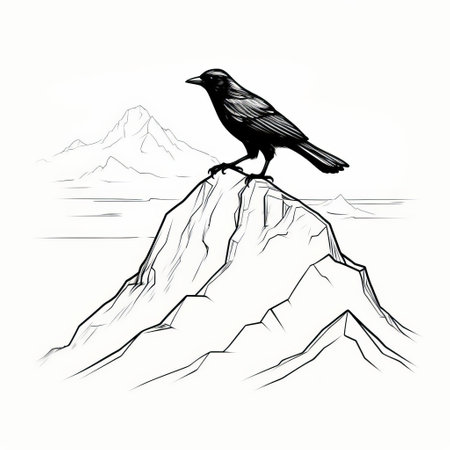 a raven perched on a mountain, depicted in a hand-drawn, linear illustration style reminiscent of topographical realism and himalayan art. the image showcases a striking contrast of dark, white, and black tones, with flat shading reminiscent of whistlerian art. ai generatedの素材