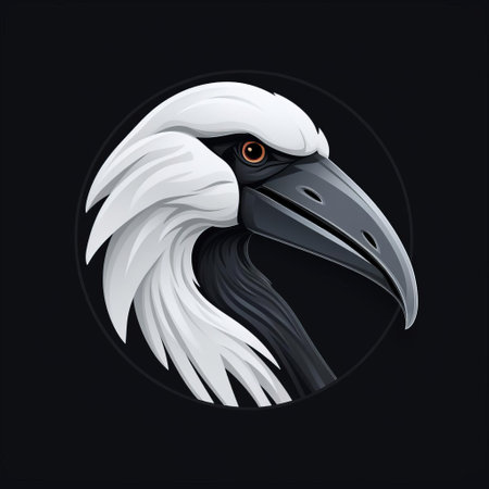 a bird's head, featuring yellow eyes and a beak, is depicted within a black circle. the image showcases realistic lighting, with a color palette of dark white and dark navy. the artwork incorporates iconographic symbolism and is sculpted in a style that resembles character caricatures. the illustration is intricately detailed, with a color scheme of dark white and dark emerald. ai generatedの素材