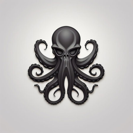 black octopus icon on white background isolated on white. vector illustration in the style of brian mashburn and oliver wetter. rendered in cinema4d with a hellish background. logo with darkly detailed and handcrafted designs. ai generatedの素材