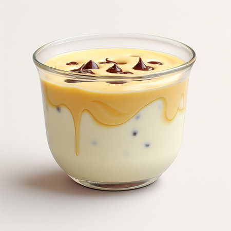 a photo of a fruit porridge in a glass, featuring a powdered sugary glaze. the realistic hyper-detailed rendering showcases the light yellow and dark brown colors of the porridge, with delicate gold detailing. the porridge is made of cheese and has a liquid light emulsion consistency. the design includes polka dot madness and smooth lines. ai generatedの素材