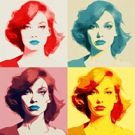 three women are depicted in this vibrant portrait, each surrounded by a unique background. inspired by pop art, andreas levers captures the essence of glamorous hollywood with his graphic style. the colors of light teal and dark red create a striking contrast, while swirling vortexes add a touch of dynamism. these celebrity portraits have a vintage cut-and-paste aesthetic, reminiscent of a bygone era. ai generatedの素材