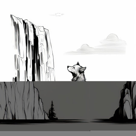 a wolf perched on a rock, framed by a majestic mountain backdrop. this simplified composition captures the essence of the scene in a light black and white style. the realistic perspective adds depth to the image, while the caninecore and whistlerian influences lend a sketchy yet honest feel to the overall aesthetic. ai generatedの素材