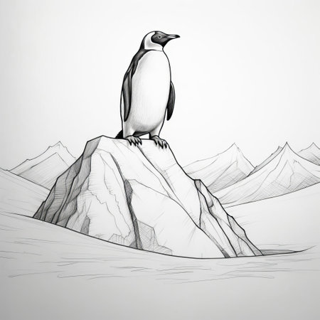 a penguin perched on a rugged hill, depicted in a pencil art style with hand-drawn animation. this monochromatic illustration showcases a realistic portrayal, reminiscent of scientific illustrations. the image features contoured shading and has been skillfully rendered using maya software. ai generatedの素材