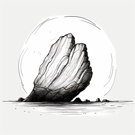 clam perched on cave top, side view illustration with clean, thin black lines on white background. unique perspective of clam on rocky surface. standout artwork featuring marine life and natural elements. ideal for educational or artistic projects. ai generatedの素材