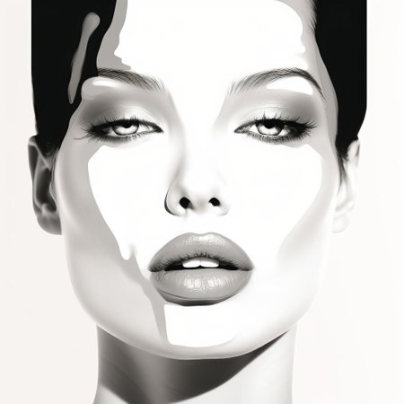 a black and white illustration of a face, showcasing the timeless beauty of retro glamor. the digital airbrushing technique adds intensity to the lighting and shadow, while the crisp and clean lines create a realistic usage of light and color. this maquette-style artwork captures the essence of classic elegance. ai generatedの素材
