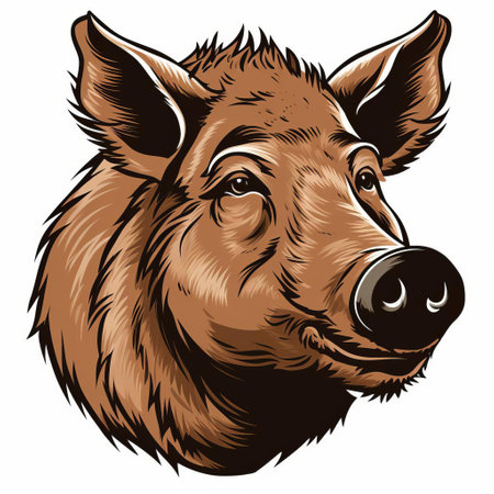 a wild boar head vector illustration available for purchase at the price of 1 credit, equivalent to 1 usd. this artwork showcases a detailed shading technique, with a 4k resolution. the design features a cartoonish character style, capturing attention with its eye-catching composition. it incorporates classic tattoo motifs, predominantly in brown and black colors. ai generatedの素材