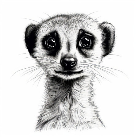 a black and white outline drawing of meerkats, showcasing the realistic portrait painter style. the meerkats have shiny eyes and charming character illustrations, capturing the essence of kimoicore. the drawing is a perfect blend of realistic and hyper-detailed renderings, reminiscent of lith printing and dansaekhwa techniques. ai generatedの素材