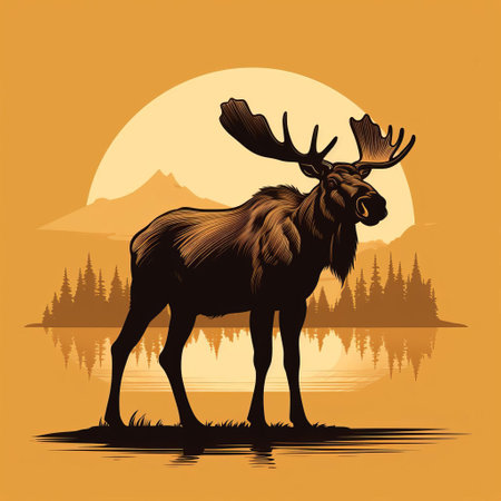a moose stands in the background during sunset, reminiscent of vintage poster design. the fictional landscape is adorned with dark yellow and brown hues, creating a nostalgic atmosphere. the image showcases reflections and mirroring, enhancing the visual appeal. it also incorporates psychological phenomena illustrations, adding an intriguing element to the composition. ai generatedの素材