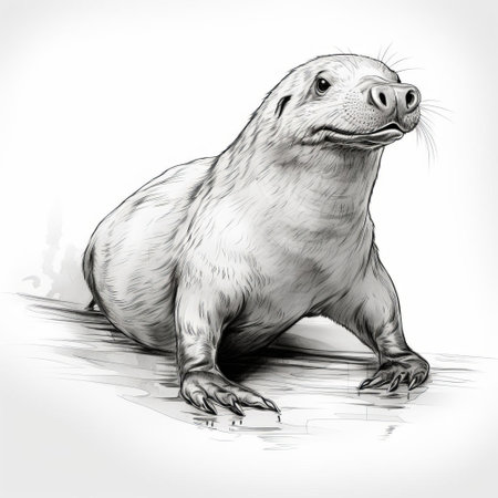a black and white drawing of an otter, with its mouth wide open, showcasing the artgerm style. this historical illustration captures the otter's playful expression and features classical proportions. the toy-like proportions add a whimsical touch, while the realistic seascapes in the background enhance the naturalistic proportions. the artist's skillful usage of light and color creates a lifelike depiction of this adorable creature. ai generatedの素材