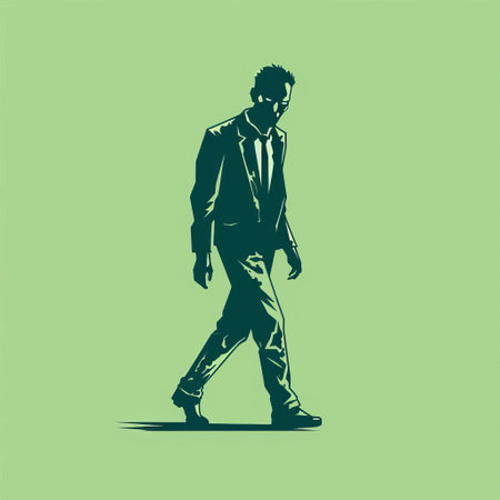 a man walks on a green background, surrounded by an illustration of a suit. the style of the artwork is streetwise, with a trace monotone effect. the design incorporates elements of zombiecore, portraiture iconography, and features light yellow and dark cyan colors. ai generatedの素材