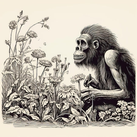an antique woodcut engraving featuring an orangutan and dandelions. this dark academia vintage halloween outline clipart is a black and white scientific illustration with a simple, clean design. the white background enhances the dark academia stylized effect. the isolated, isometric view adds to the vintage victorian style of this monochrome linocut engraving line art. the high contrast outline print has no shading, making it aの素材