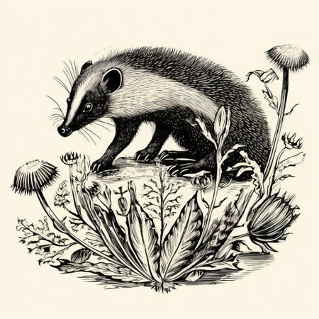 antique woodcut engraving of an anteater and dandelions. this dark academia vintage halloween outline clipart features a black and white scientific illustration. the entomology-inspired line art is simple and clean, with a white background. the dark academia stylized image is isolated and presented in an isometric view. it has a vintage victorian style, resembling a monochrome linocut engraving with high contrast outline print and noの素材