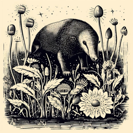 antique woodcut engraving of an anteater and dandelions. this dark academia vintage halloween outline clipart features a black and white scientific illustration. the entomology-inspired line art is simple and clean, with a white background. the dark academia stylized image is isolated and presented in an isometric view. it has a vintage victorian style, resembling a monochrome linocut engraving with high contrast outline print and noの素材