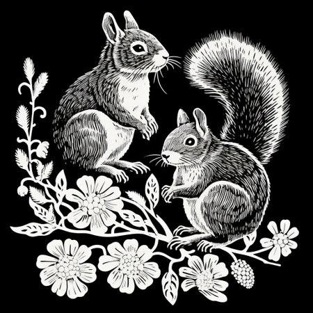 an antique woodcut engraving featuring a squirrel and dandelions. this dark academia vintage halloween outline clipart is a black and white scientific illustration with a simple, clean design. the white background enhances the dark academia stylized effect. the isolated, isometric view adds to its vintage victorian style. this monochrome linocut engraving line art has high contrast outline print with no shading, making it a strikingの素材