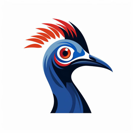 a blue and red bird with a red mohawk tattoo is depicted in this eye-catching composition. the bird is portrayed in a simplistic vector art style, with dark blue and bronze colors. the precisionist style and strong facial expression add to the overall impact of the artwork, which features portraiture iconography. ai generatedの素材