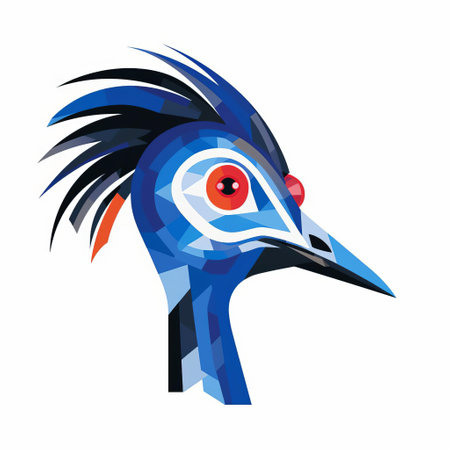 a bird illustration featuring a black and blue bird head with a geometric pattern. this hand-drawn digital design, in the style of ben quilty, showcases cartoon-like characters and colorful moebius-inspired elements. the primitive forms and optical effects add depth to this 2d game art, while the shiny eyes bring the illustration to life. perfect for print design projects. ai generatedの素材