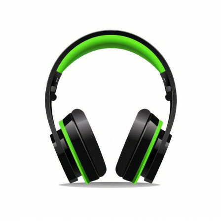 the headphones in the photo are a vibrant combination of green and black, set against a clean white background. the design showcases a symmetrical and realistic lighting style, reminiscent of the artwork by android jones. with a playful and striking use of color, the headphones exude a modern and eye-catching appeal. the flat forms and hints of windows xp aesthetic add a touch of nostalgiaの素材
