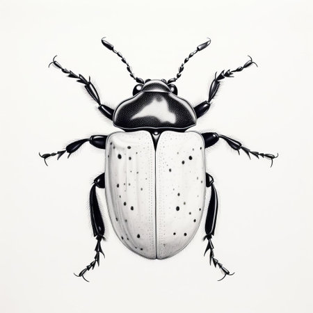 a black and white hyperrealistic drawing of a black beetle on a dotted white background. this national geographic-style photo showcases the dark white and light orange tones of the beetle. the drawing captures humorous animal scenes with naturalistic proportions. ai generatedの素材