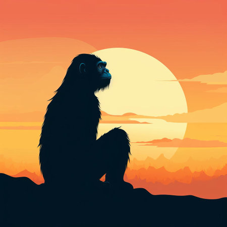a big gorilla sits on the ground at sunset, gazing at the sun. the minimalist style of the painting features flat backgrounds and pensive portraiture. the monochromatic landscape creates a vibrant illustration, with sleek horizons adding to the overall aesthetic. ai generatedの素材