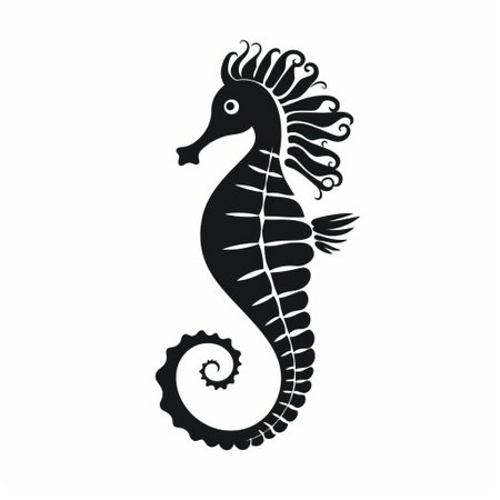 seahorse silhouette on a white background, featuring bold black lines and a precise, lifelike design. this stenciled iconography showcases a unique character design in the style of bold stencil, kimoicore, and cottagepunk. ai generatedの素材
