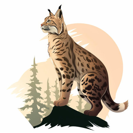 a silhouette of a lynx in the mountains, showcasing detailed shading and realistic color schemes. the artwork is inspired by the style of etam cru and herb trimpe, with an emphasis on character design. the scene is enhanced by the presence of exotic flora and fauna, creating a realistic portrayal of nature's beauty. ai generatedの素材
