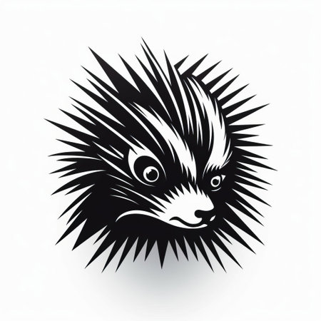 a black porcupine head with large white spikes is depicted in this simplistic vector art style photo. the image resembles a wood engraving or logo, with the clever use of light and shadow. bold calligraphic marks add to the overall aesthetic, while the strong facial expression captures the essence of the animal. ai generatedの素材