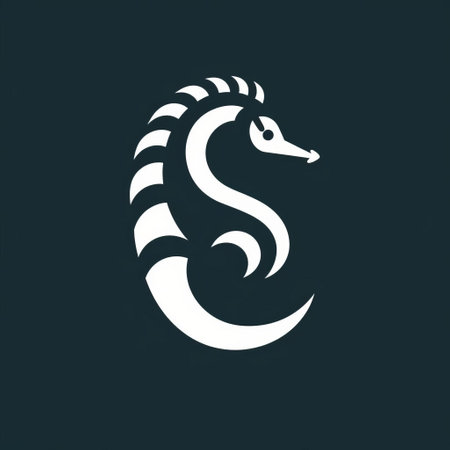 seahorse logo design featuring a cute animal portrait illustration by lufoni. the design showcases a dark and white color scheme with strong contrast and chiaroscuro effect. the simplistic character of the seahorse merges with the mythical beast elements, resembling a cobra. the overall design has a technological touch and is set against a black background. ai generatedの素材